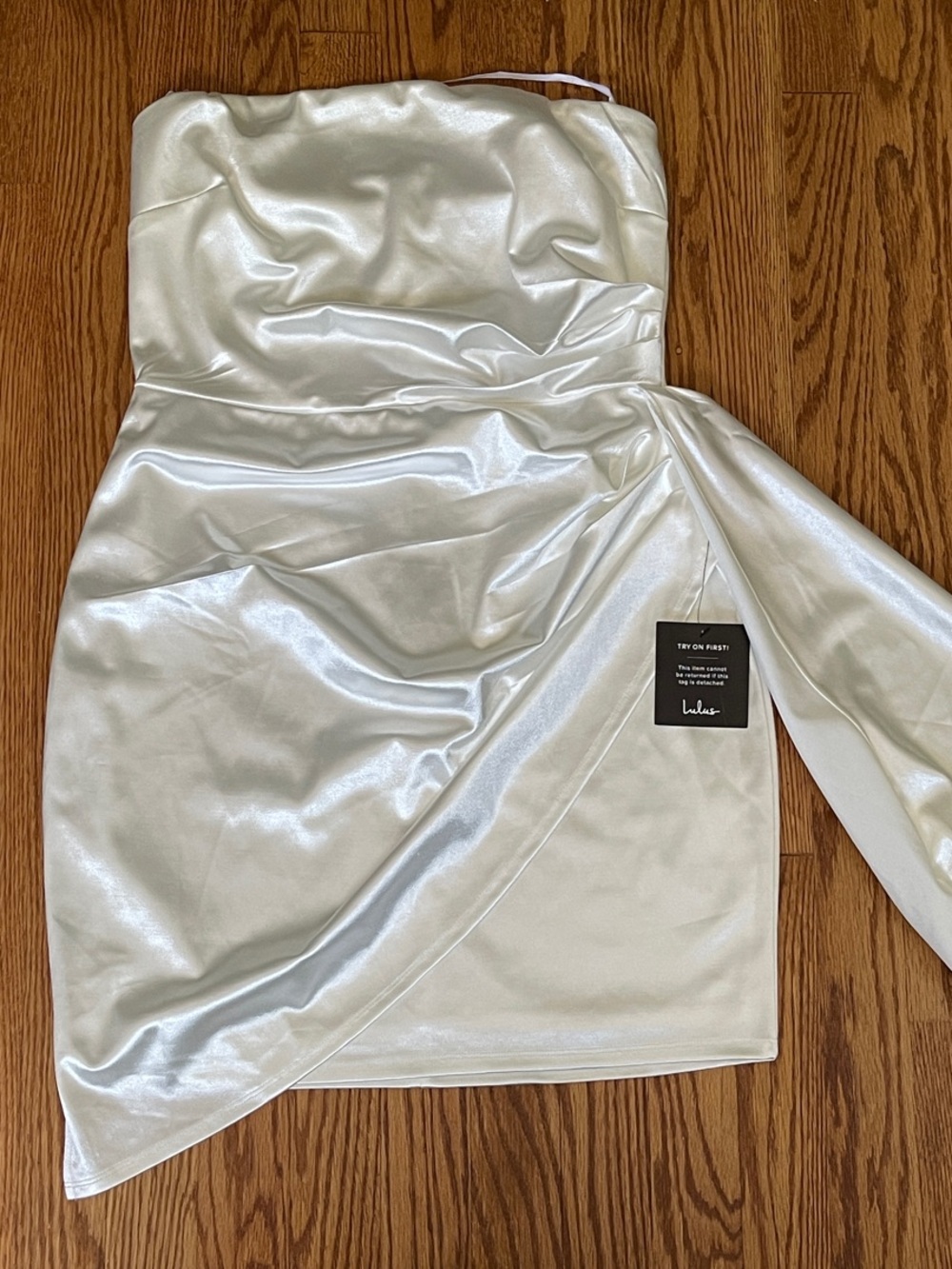Lulu's Pearl Satin Strapless Drape Mini Dress